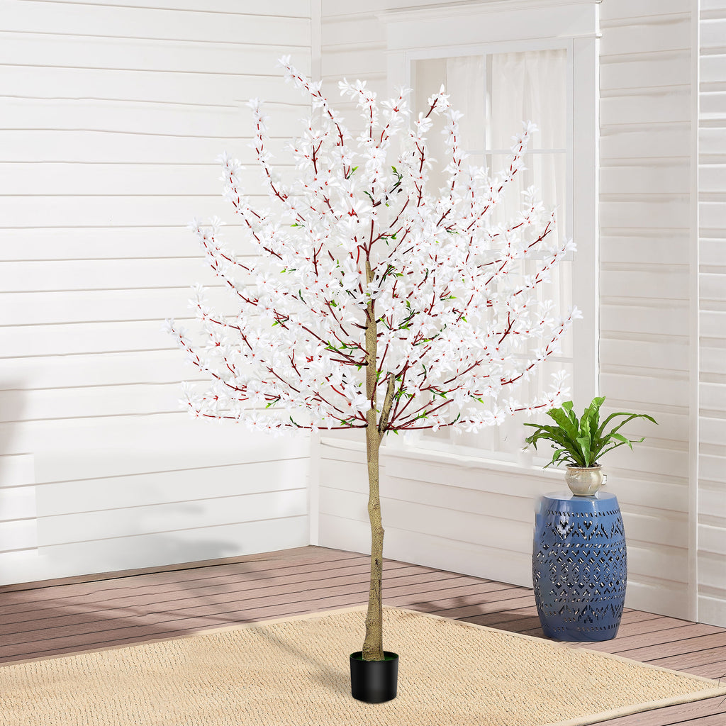 6ft Artificial Winter Jasmine Tree with White Flowers, Tall Faux Potted Blooming Plant for Indoor Home Office & Wedding Decor