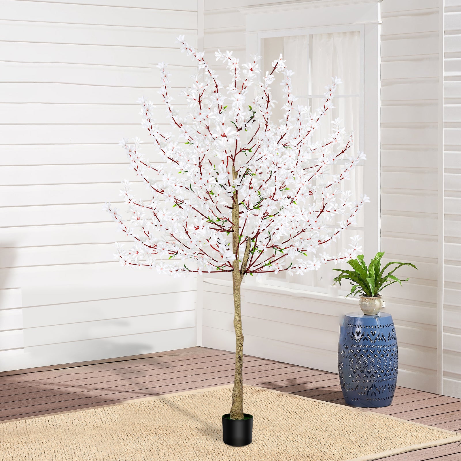 6ft Artificial Winter Jasmine Tree with White Flowers, Tall Faux Potted Blooming Plant for Indoor Home Office & Wedding Decor