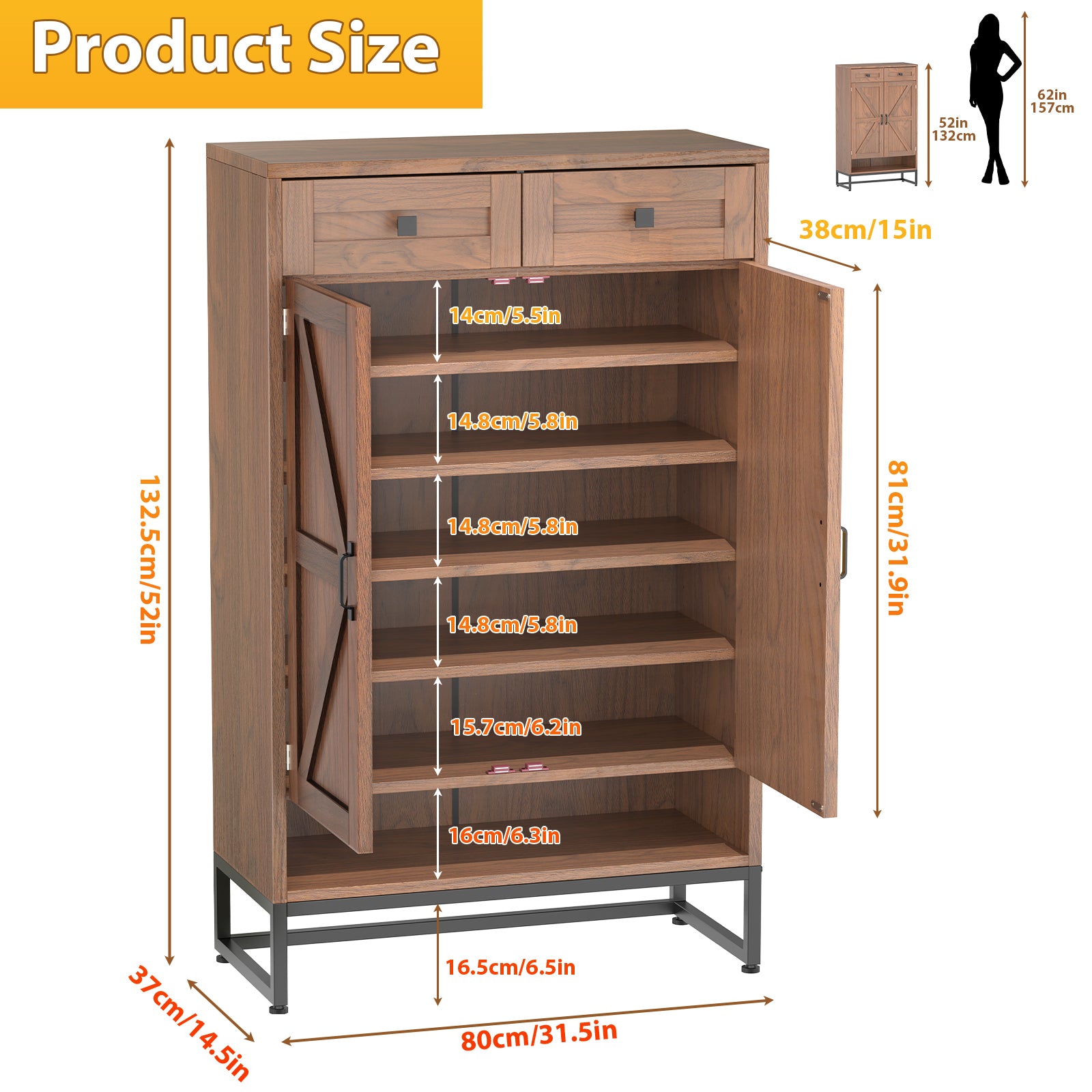 Rustic Brown Freestanding Shoe Storage Cabinet - Barn-Door Style Entryway Organizer with Adjustable Shelves