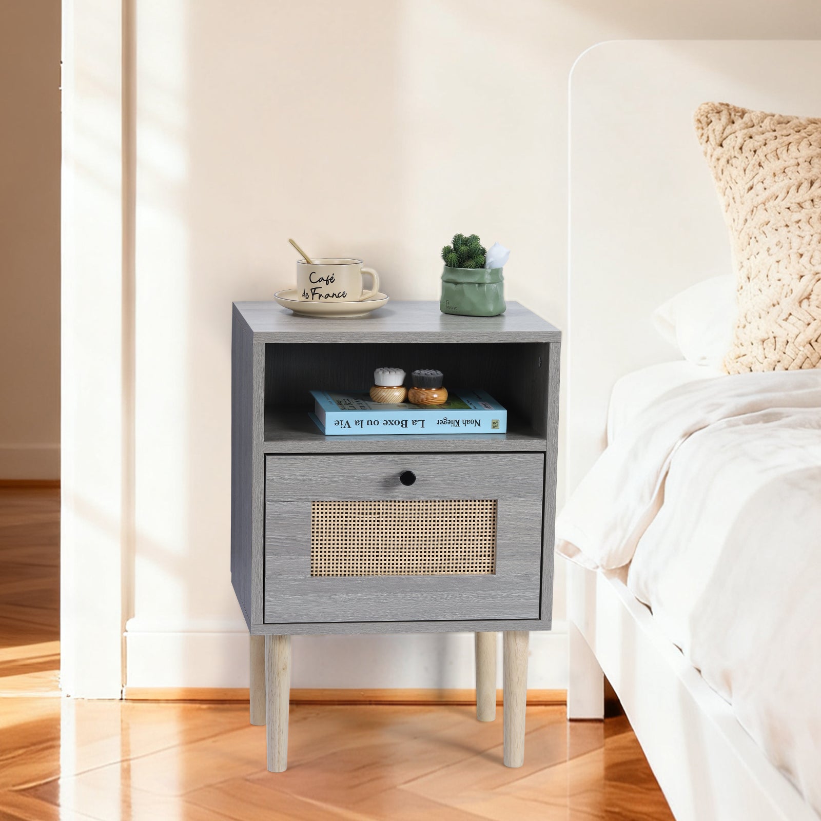Mid-Century Modern Rattan Nightstand - Boho Grey Side Table with Drawer for Bedroom