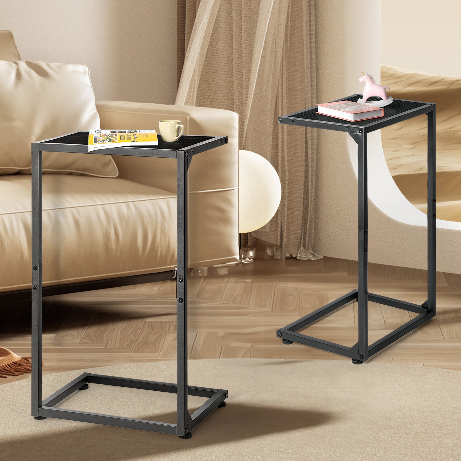 Set of 2 Black C-Shaped End Tables, Small Side Tables for Living Room & Bedroom, Industrial Snack Tables,