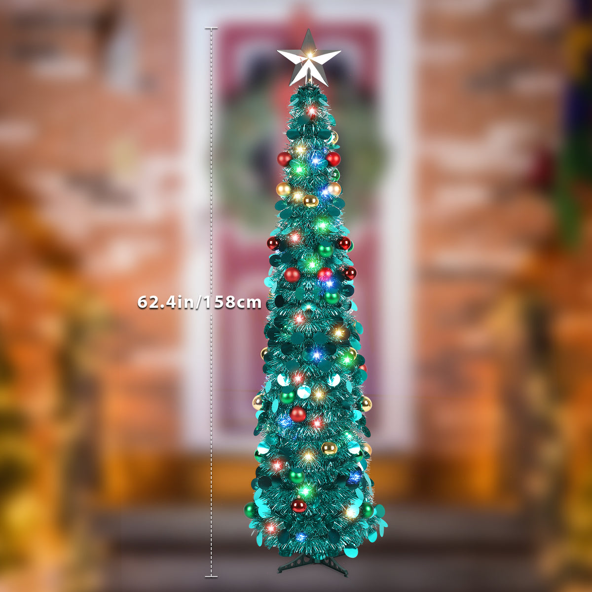 5.2 Ft Pop Up Christmas Tree with 4 light colors 8 light modes adjustable Lights & Balls, Collapsible Green Tinsel Tree Decorations, Artificial Christmas lighted Tree for Holiday Home Office Decor