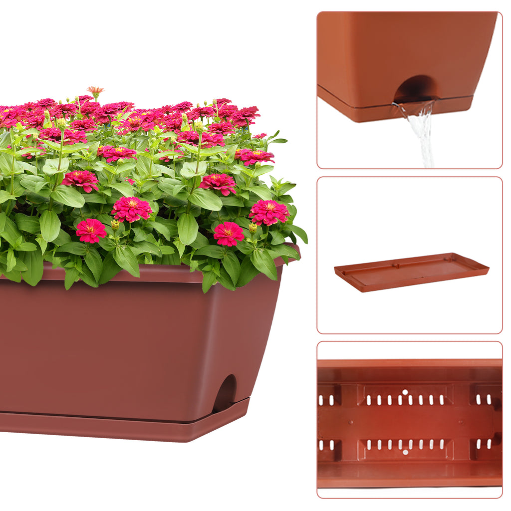 5-Pack Rectangular Flower Window Boxes - Large Plastic Planter Pots with Trays - Modern Herb & Vegetable Planting Boxes for Balcony & Windowsill