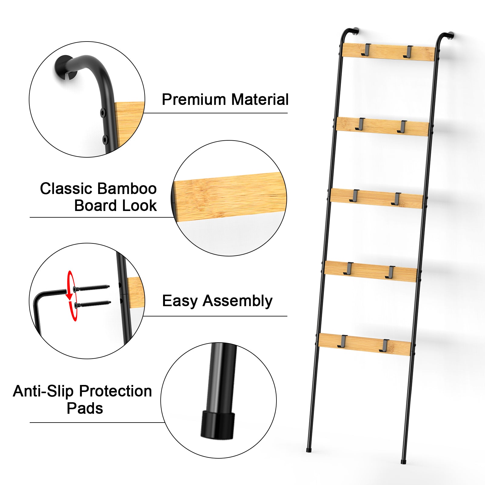 5-Tier Blanket Ladder with 10 Removable Hooks - Wall-Leaning Towel Rack & Scarf Organizer for Bedroom & Bathroom, Modern Home Decor Stand, Black
