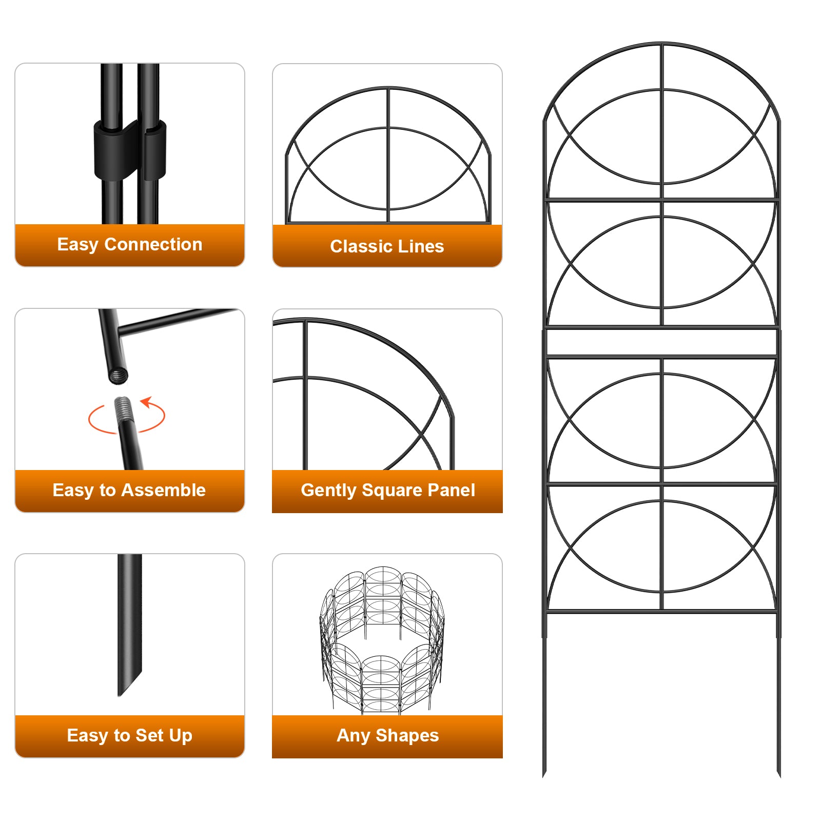 37.5"H Ornamental Garden Fence - 10-Pack Black Metal Wire Pet Barrier & Flower Bed Decorative Edging,