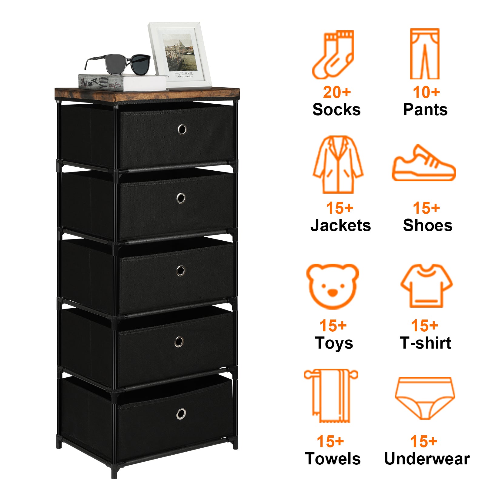 Tall 5-Drawer Fabric Storage Tower - Slim Dresser for Narrow Spaces in Hallways & Bedroom