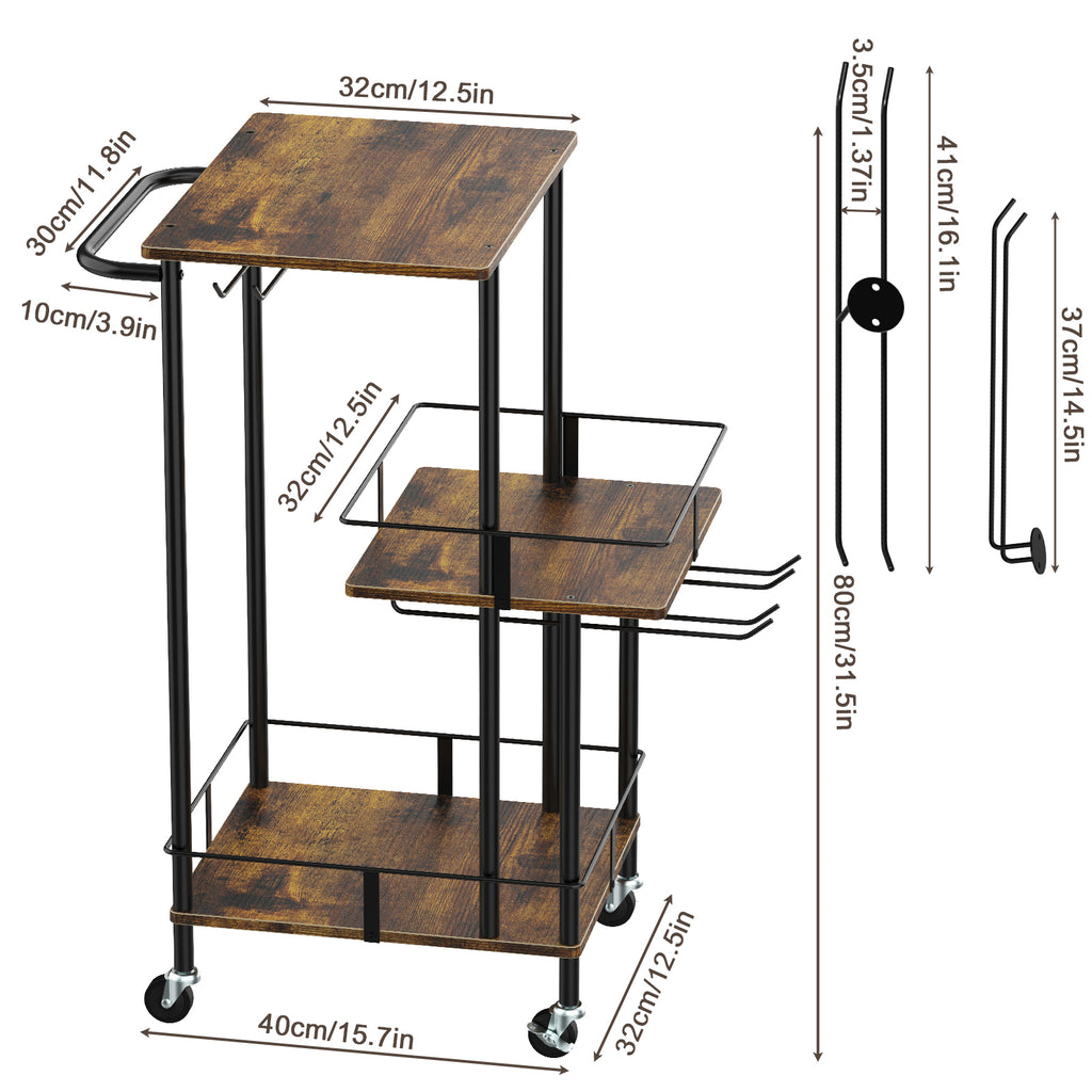 3-Tier Industrial Bar Cart - Mobile Wine Serving Trolley with Glass Holder & Bottle Storage,