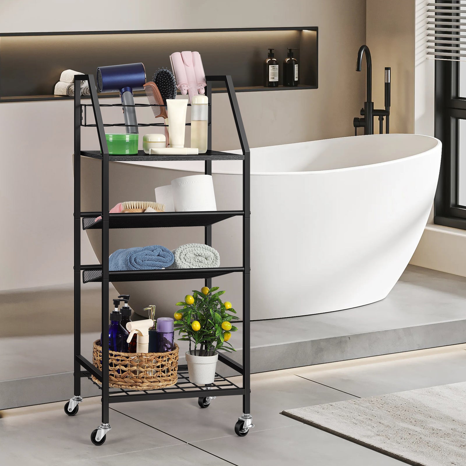 4-Tier Rolling Bathroom Cart with Integrated Hair Dryer Holder - Mobile Spa Organizer & Towel Storage Shelf for Laundry & Salon, Black