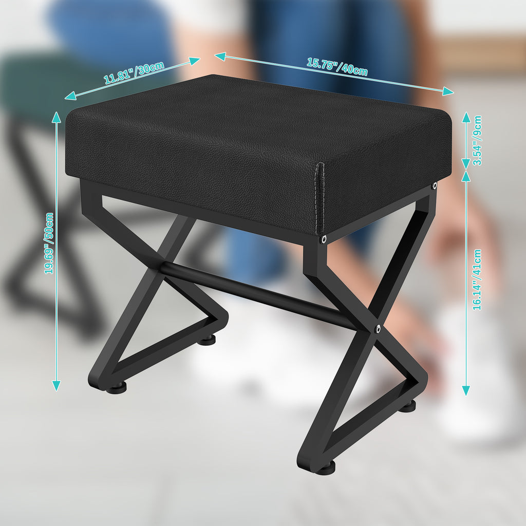 19.69 Inch X Frame Vanity Stool, Waterproof PU Leather Padded Makeup Ottoman Bench, Heavy Duty Black Metal X Leg Foot Rest Stool, Multi Use Shoe Stool for Bedroom Entryway Living Room