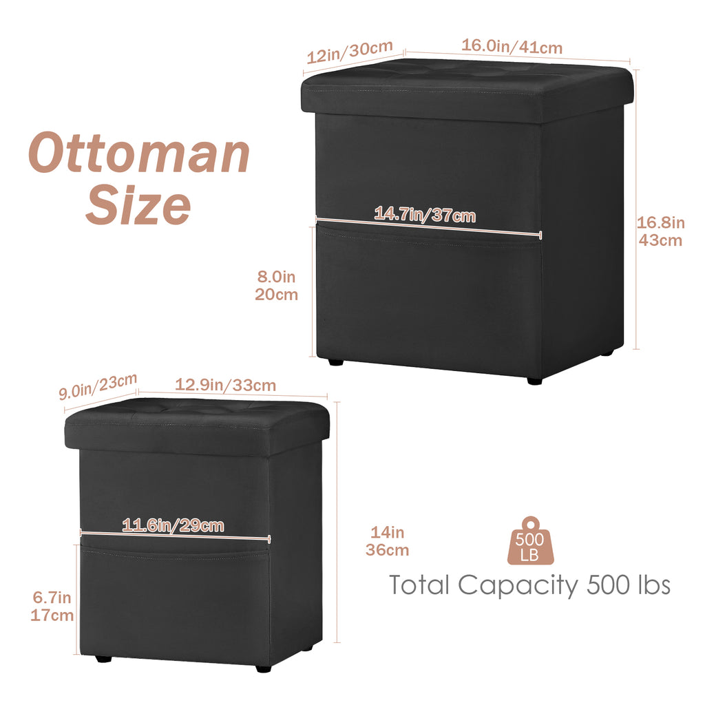 Set of 2 Black Storage Ottoman Foot Stools, Tufted Upholstered Foot Rest with Side Pocket, Collapsible Cube Ottoman Bench Max 500 LBS Capacity for Living Room, Bedroom, Sofa Side