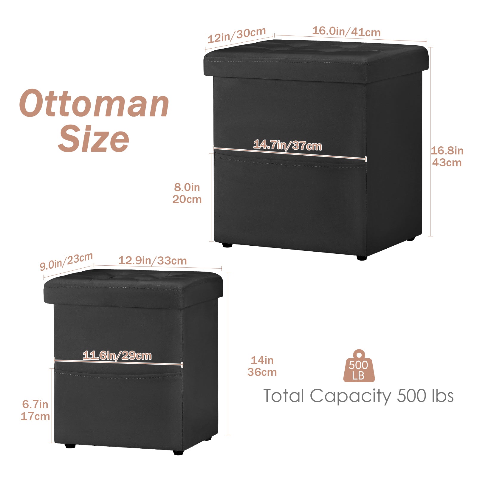 Set of 2 Black Storage Ottoman Foot Stools, Tufted Upholstered Foot Rest with Side Pocket, Collapsible Cube Ottoman Bench Max 500 LBS Capacity for Living Room, Bedroom, Sofa Side