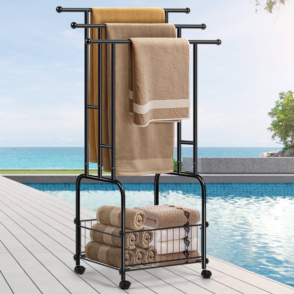 Rolling Towel Rack with Storage Basket, 3-Tier Metal Stand for Bathroom & Outdoor Pool