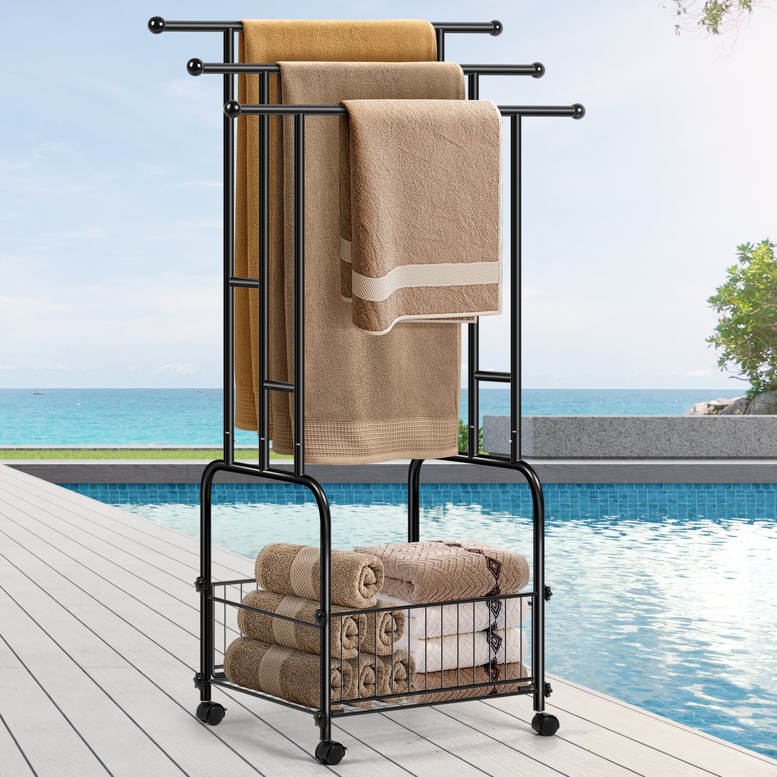 Rolling Towel Rack with Storage Basket, 3-Tier Metal Stand for Bathroom & Outdoor Pool