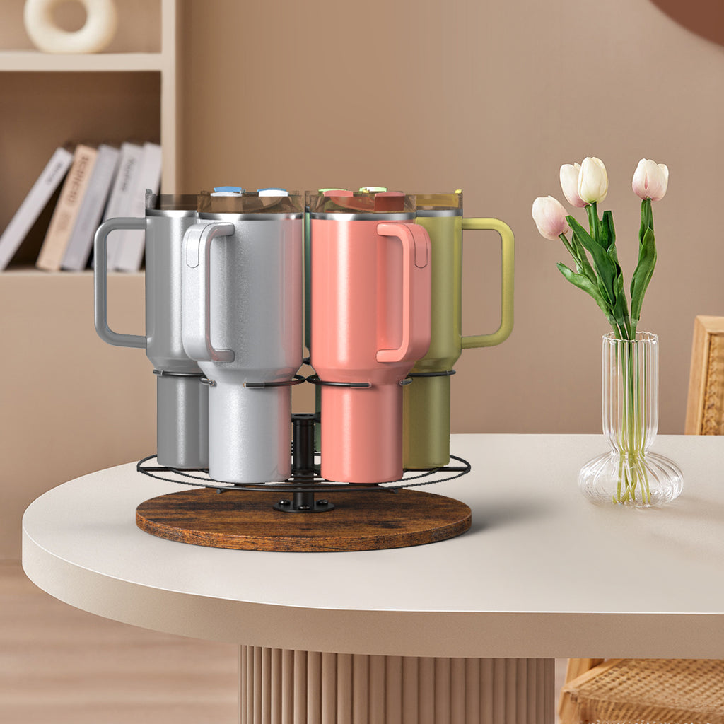 360Â¡Ã£ Rotating Mug Tree Holder - Countertop Cup Organizer Rack for 6 Mugs with Wood Base, Rustic Brown,