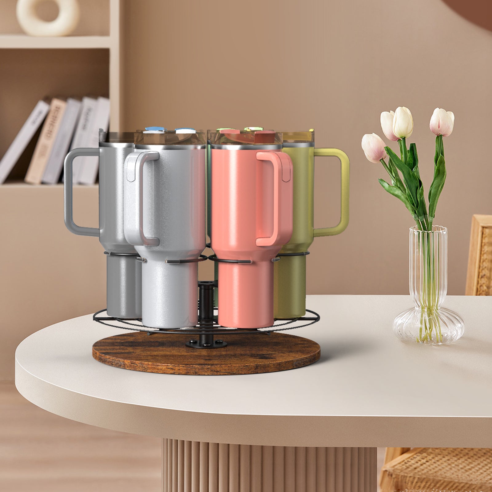 360Â¡Ã£ Rotating Mug Tree Holder - Countertop Cup Organizer Rack for 6 Mugs with Wood Base, Rustic Brown,