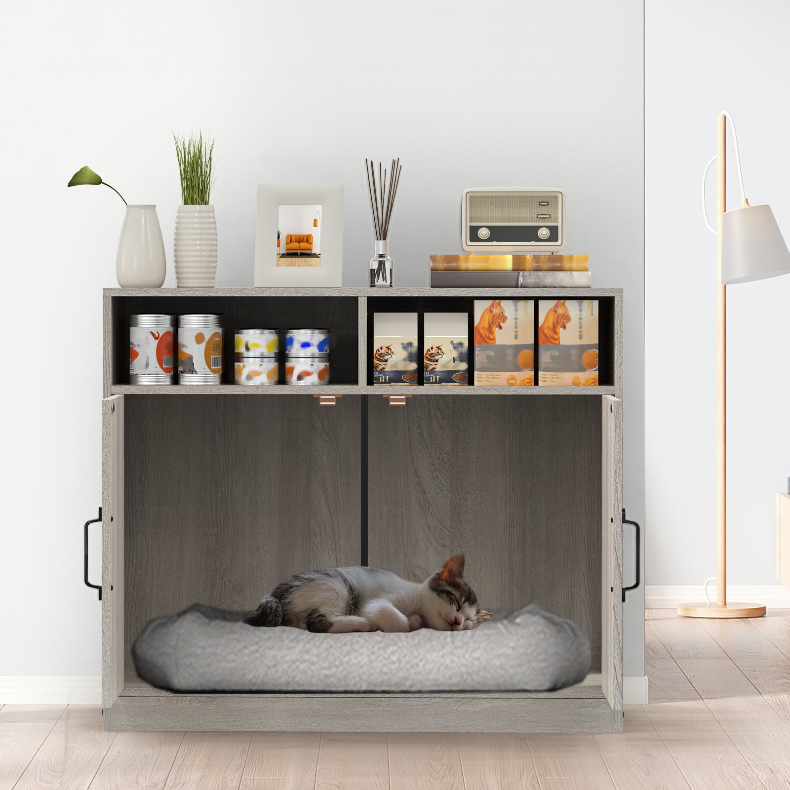 Hidden Cat Litter Box Enclosure Furniture - Modern Grey Pet House with Removable Divider & Storage Shelves
