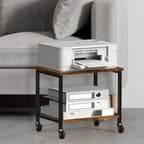 2-Tier Desktop Printer Stand - Under-Desk Rolling Office Organizer Rack with Height Adjustment, Brown,