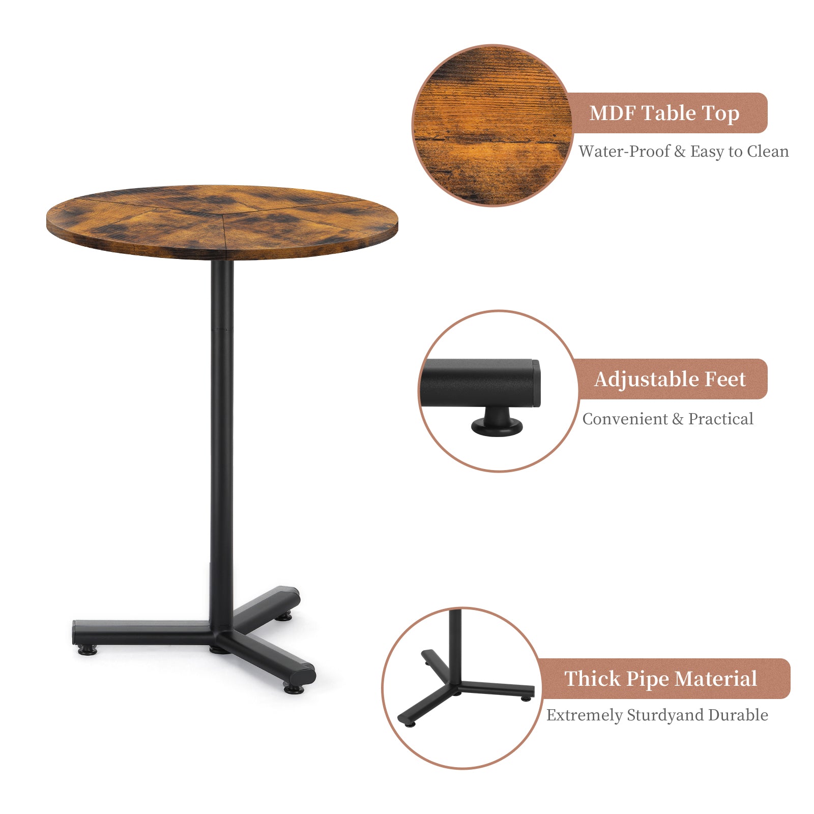 Round Pedestal Side Table - Adjustable Height Industrial End Table for Small Spaces & Sofa, Rustic Brown,