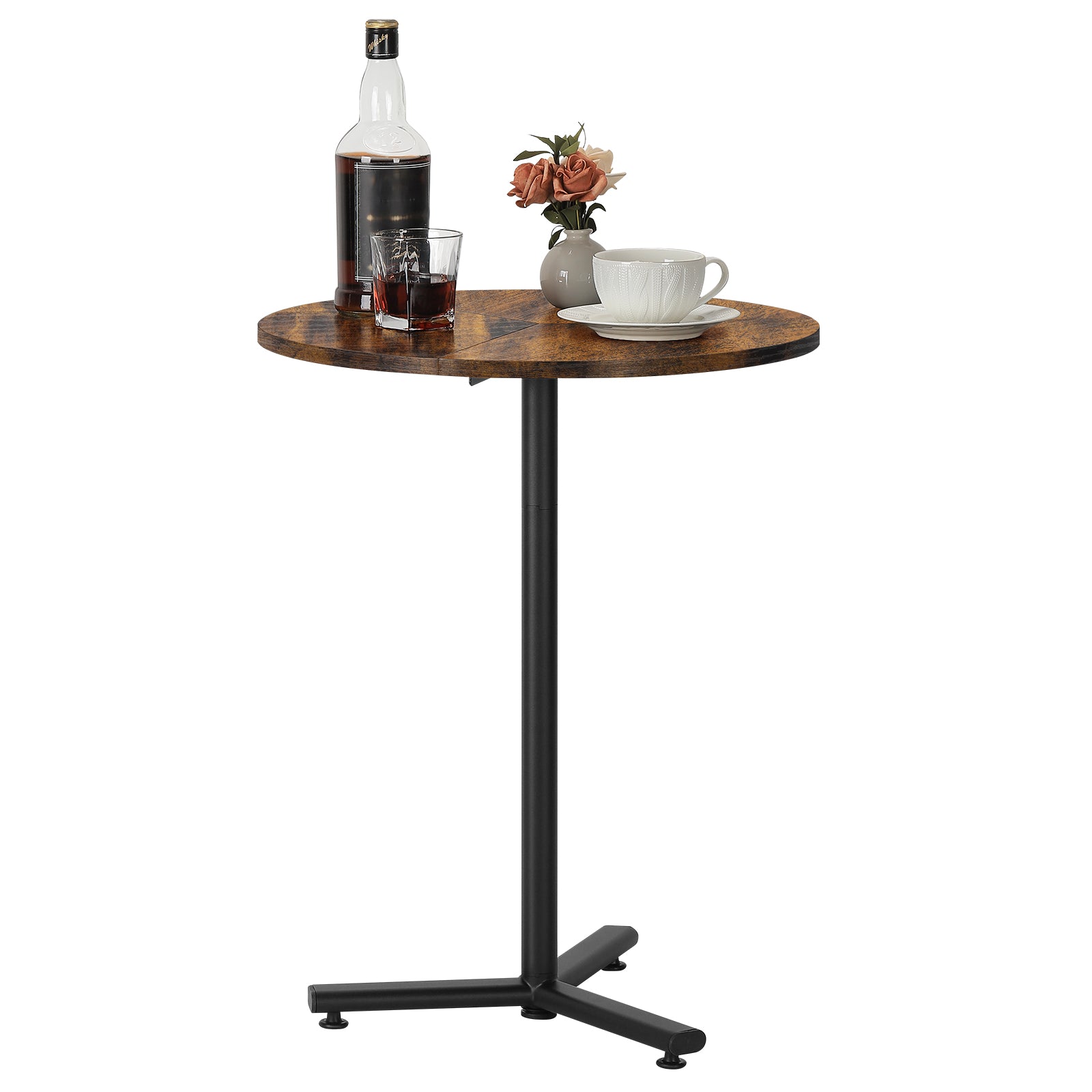 Round Pedestal Side Table - Adjustable Height Industrial End Table for Small Spaces & Sofa, Rustic Brown,
