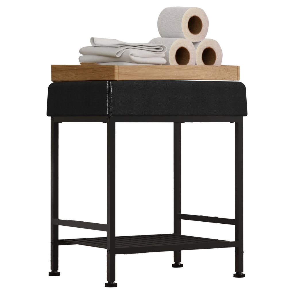 Square Vanity Stool with Storage Shelf, Black Faux Leather Padded Makeup Ottoman Bench, Heavy Duty Metal Frame Foot Stool with Adjustable Anti-Slip Feet, Multi Purpose Shoe Bench for Bedroom Entryway Living Room Bathroom