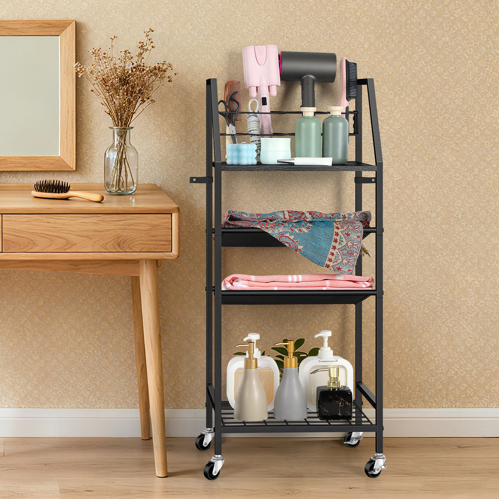 4-Tier Rolling Bathroom Cart with Integrated Hair Dryer Holder - Mobile Spa Organizer & Towel Storage Shelf for Laundry & Salon, Black