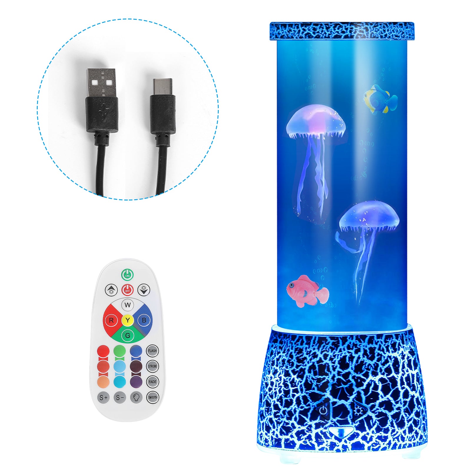 Cracked Design Jellyfish Mood Lamp - 14 Color Changing Aquarium Night Light with Adjustable Flow Speed - Remote Controlled Sensory Decor