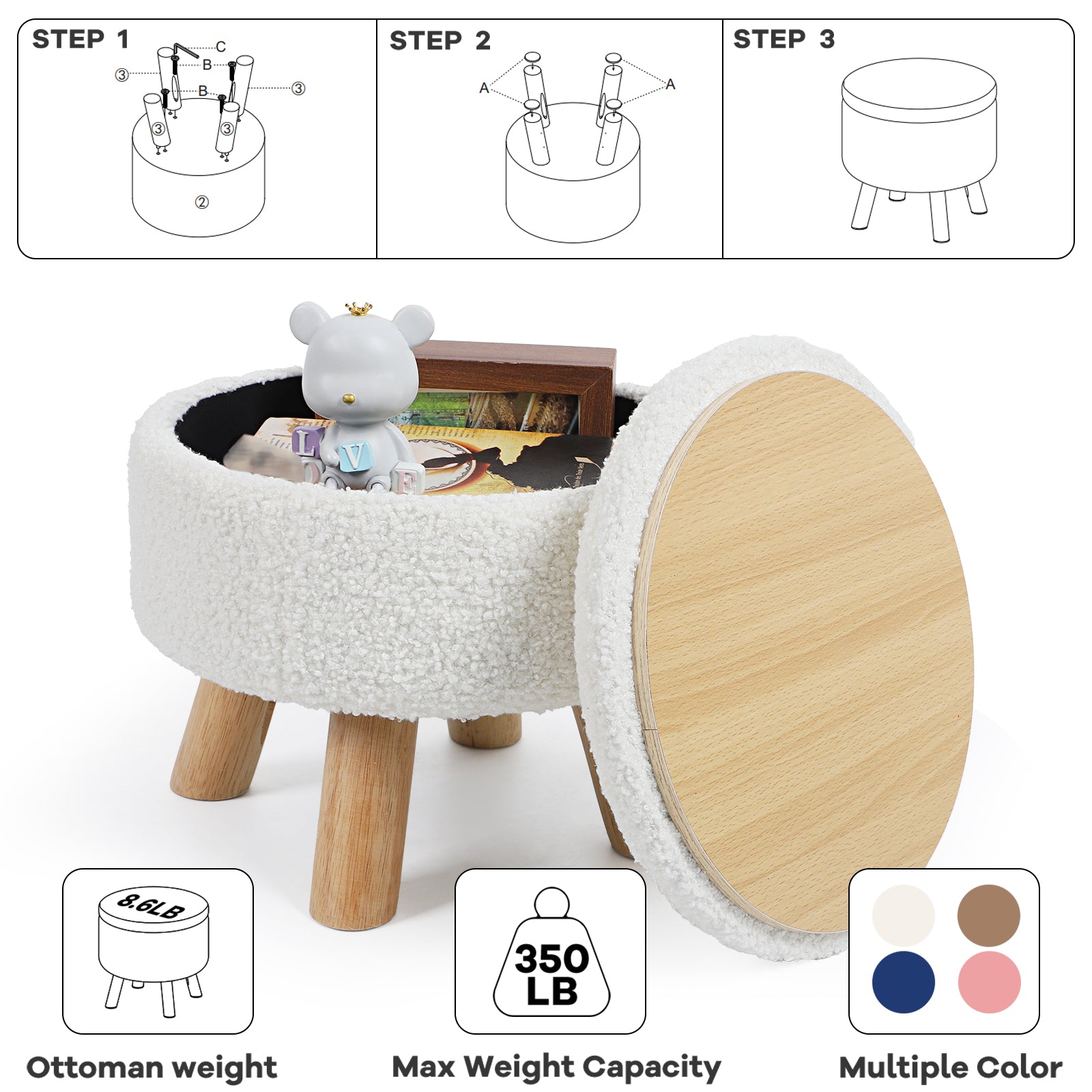 Small Round Boucle Storage Ottoman - Teddy Velvet Foot Rest with Wood Legs