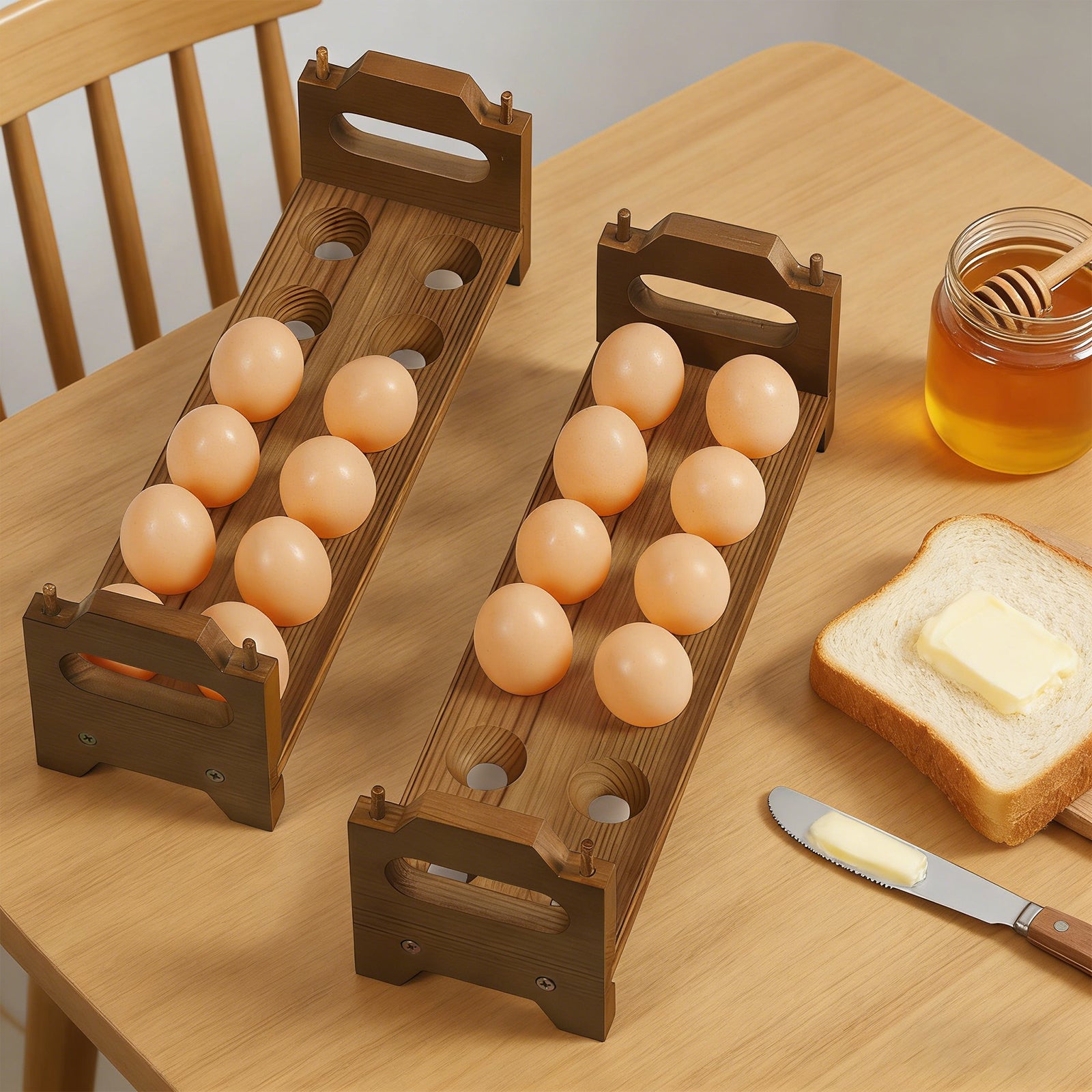 2-Tier Wooden Egg Holder for Countertop - Stackable Fresh Egg Storage Rack - Rustic Farmhouse Kitchen Organizer for up to 24 Eggs