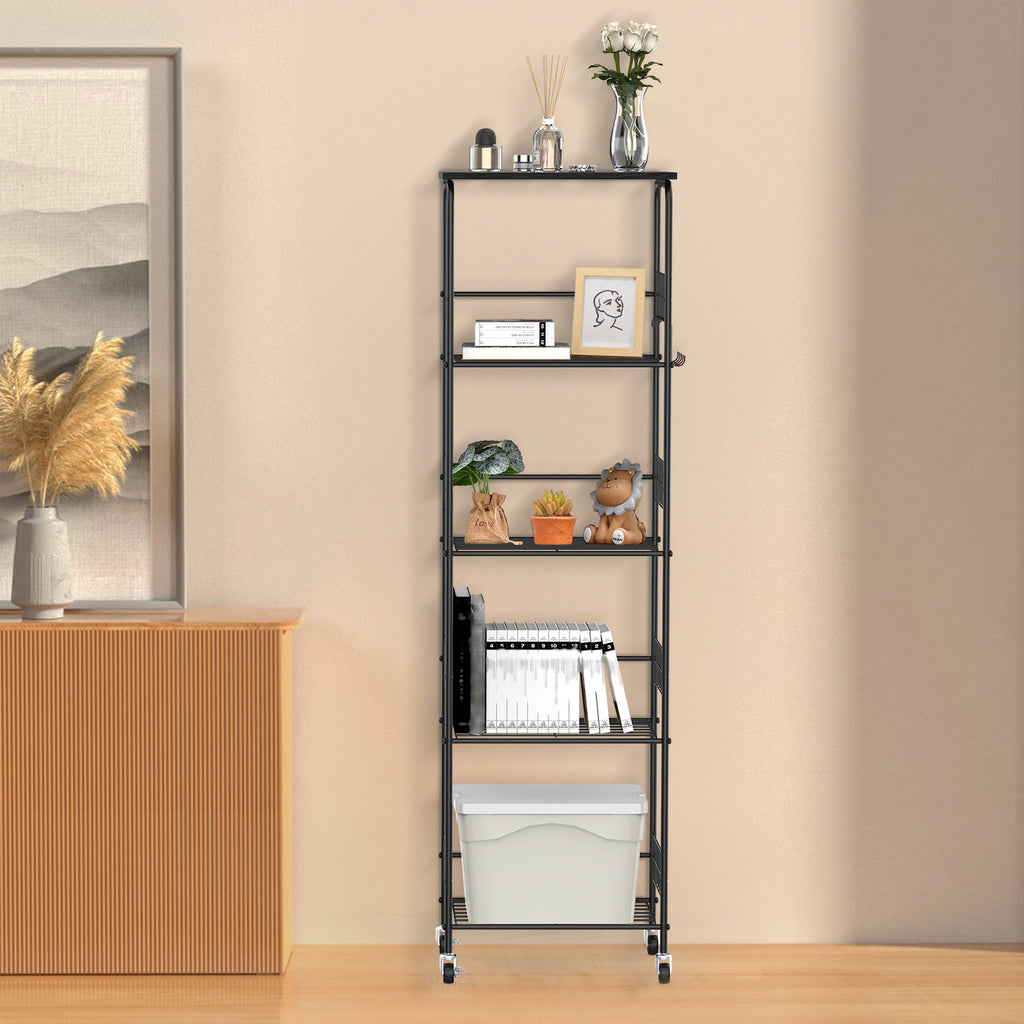 5-Tier Rolling Wire Storage Basket Cart - Slim Utility Shelf Organizer for Kitchen, Pantry, Laundry Room & Kids' Playroom, Black