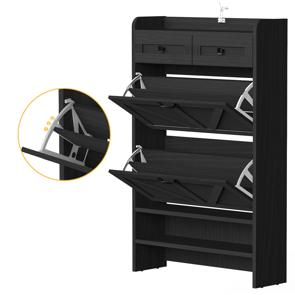 Modern 3-Tier Flip Drawer Shoe Cabinet - Narrow Entryway Organizer for 24-32 Pairs, Black Farmhouse Style