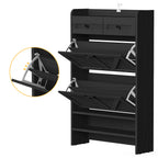 Modern 3-Tier Flip Drawer Shoe Cabinet - Narrow Entryway Organizer for 24-32 Pairs, Black Farmhouse Style