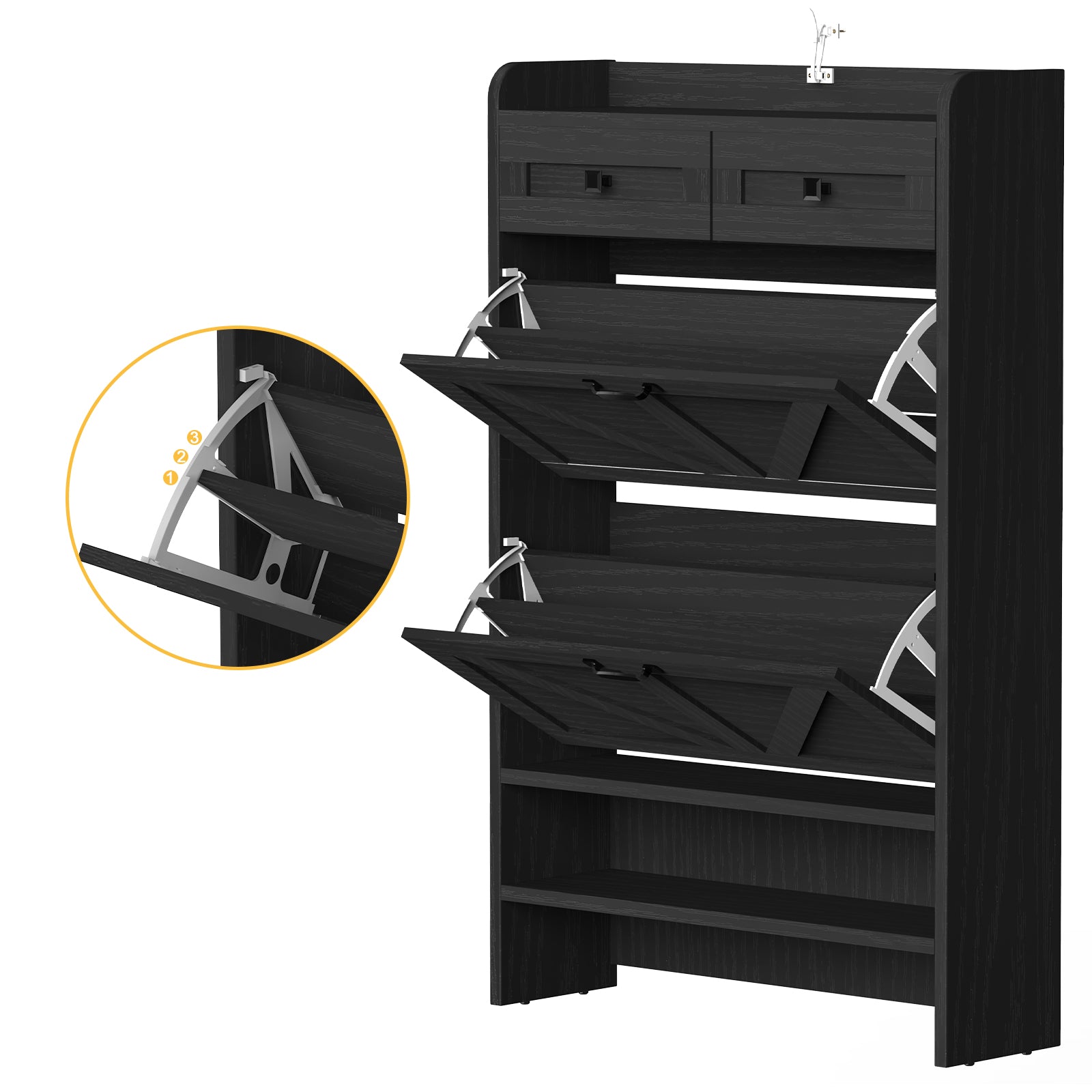 Modern 3-Tier Flip Drawer Shoe Cabinet - Narrow Entryway Organizer for 24-32 Pairs, Black Farmhouse Style