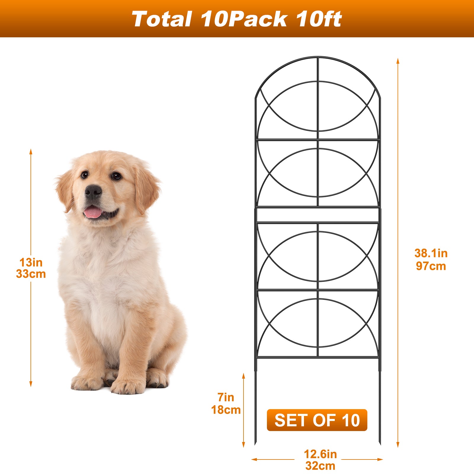 37.5"H Ornamental Garden Fence - 10-Pack Black Metal Wire Pet Barrier & Flower Bed Decorative Edging,