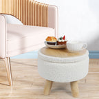 Small Round Boucle Storage Ottoman - Teddy Velvet Foot Rest with Wood Legs
