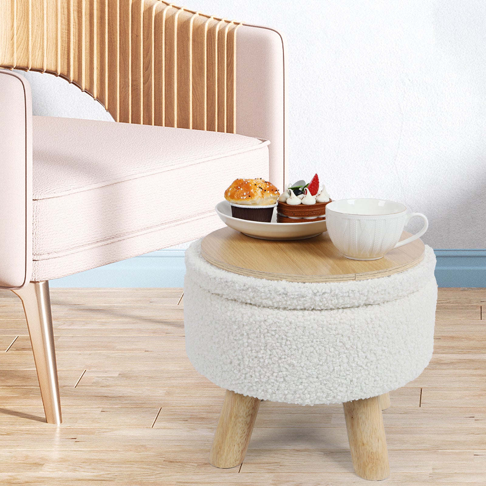 Small Round Boucle Storage Ottoman - Teddy Velvet Foot Rest with Wood Legs