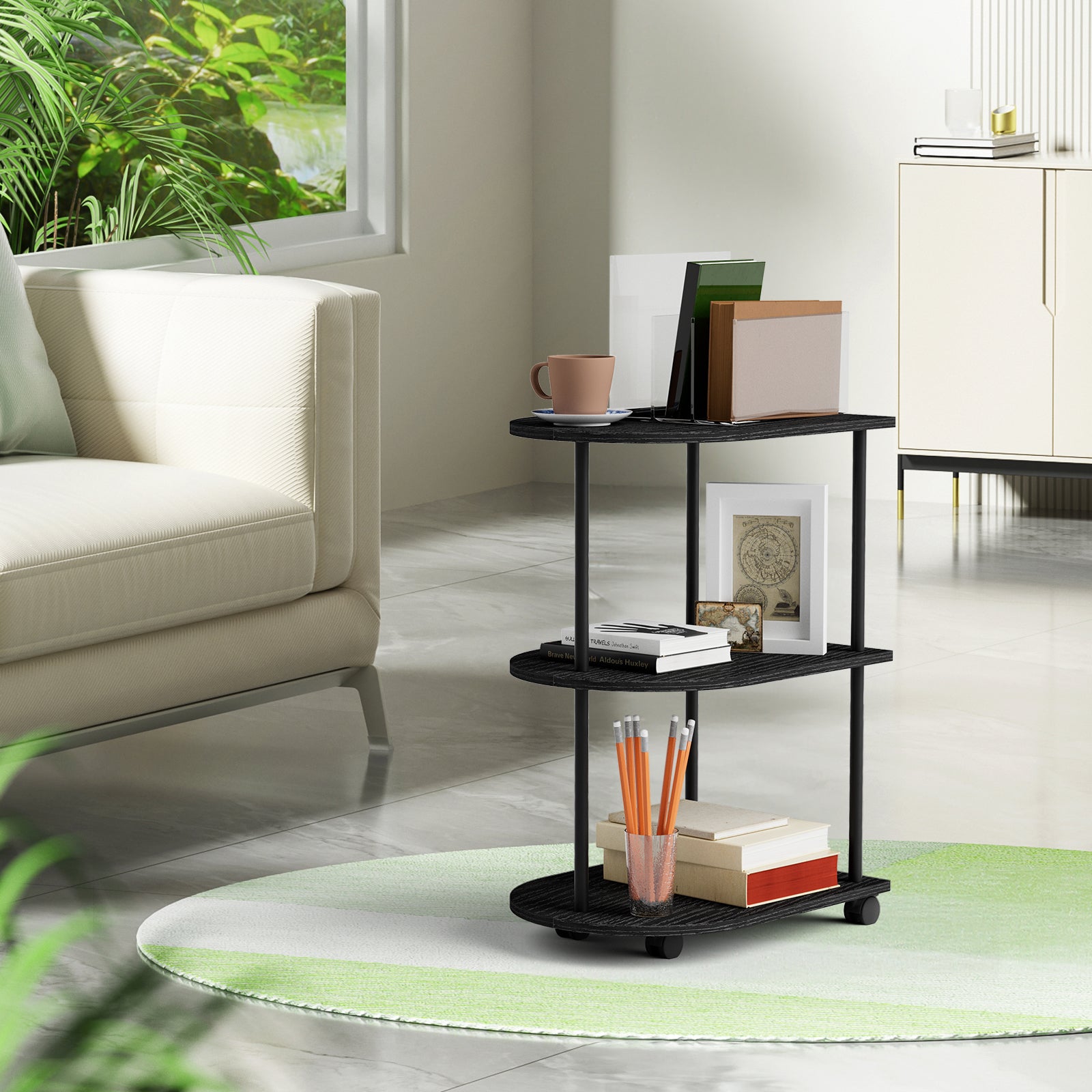 3-Tier Half Moon End Table with Rolling Casters & Storage