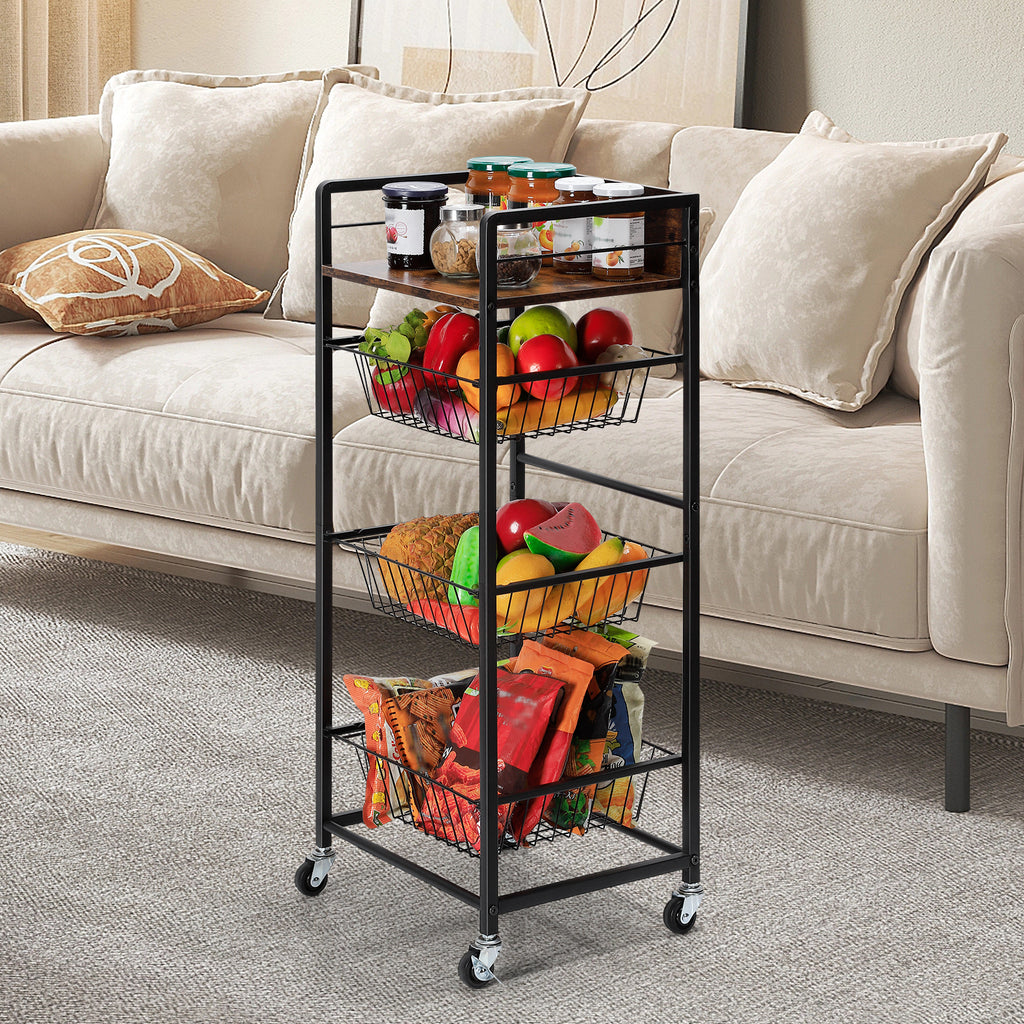 4-Tier Kitchen Fruit & Vegetable Trolley - Mobile Pantry Storage Rack with Pull-Out Wire Baskets,