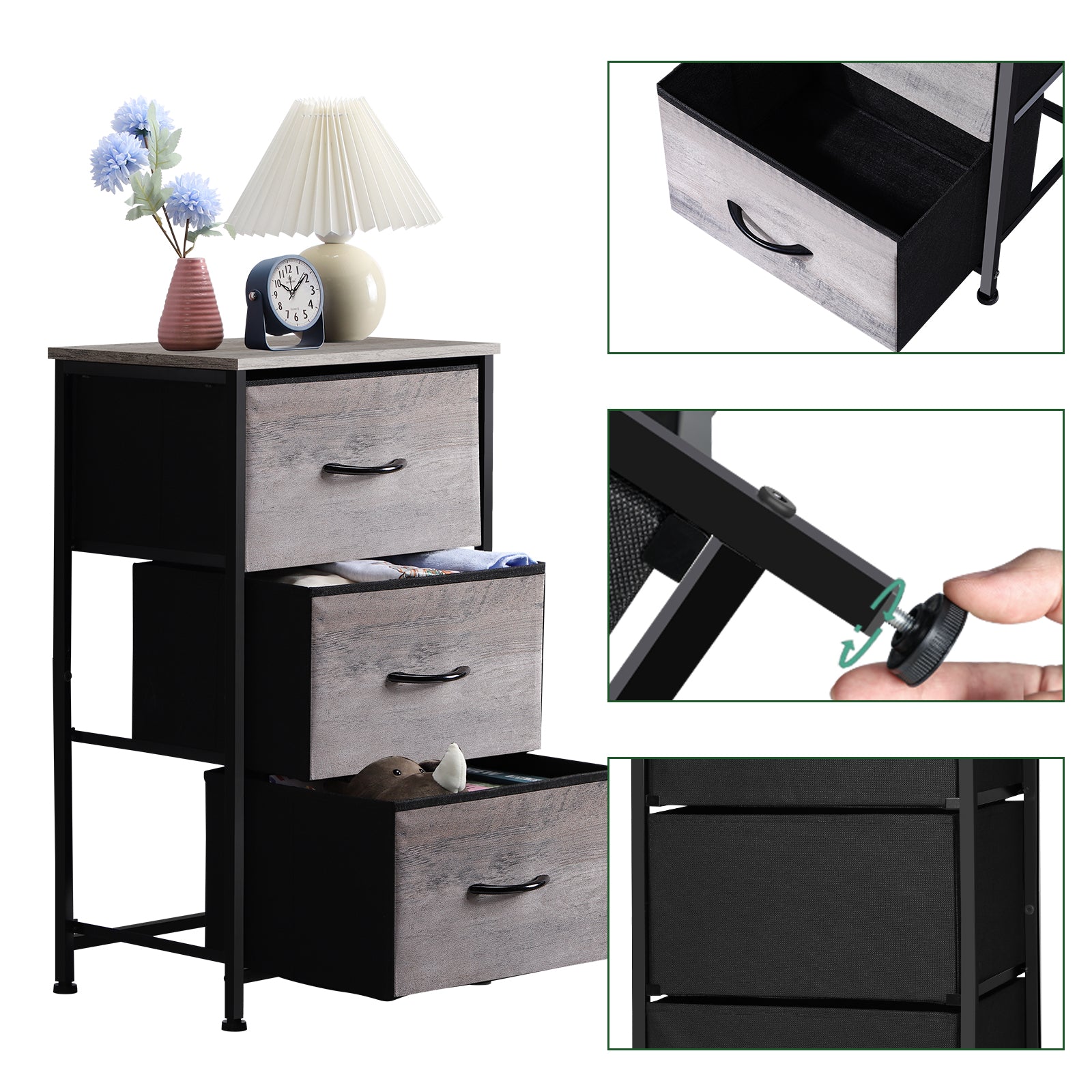 3-Drawer Fabric Nightstand Dresser - Small Storage Tower for Bedroom & Closets
