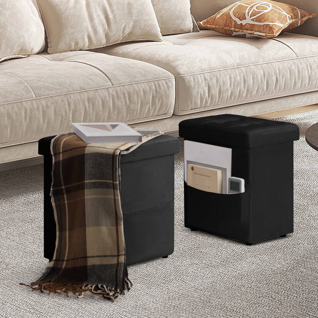 Set of 2 Black Storage Ottoman Foot Stools, Tufted Upholstered Foot Rest with Side Pocket, Collapsible Cube Ottoman Bench Max 500 LBS Capacity for Living Room, Bedroom, Sofa Side