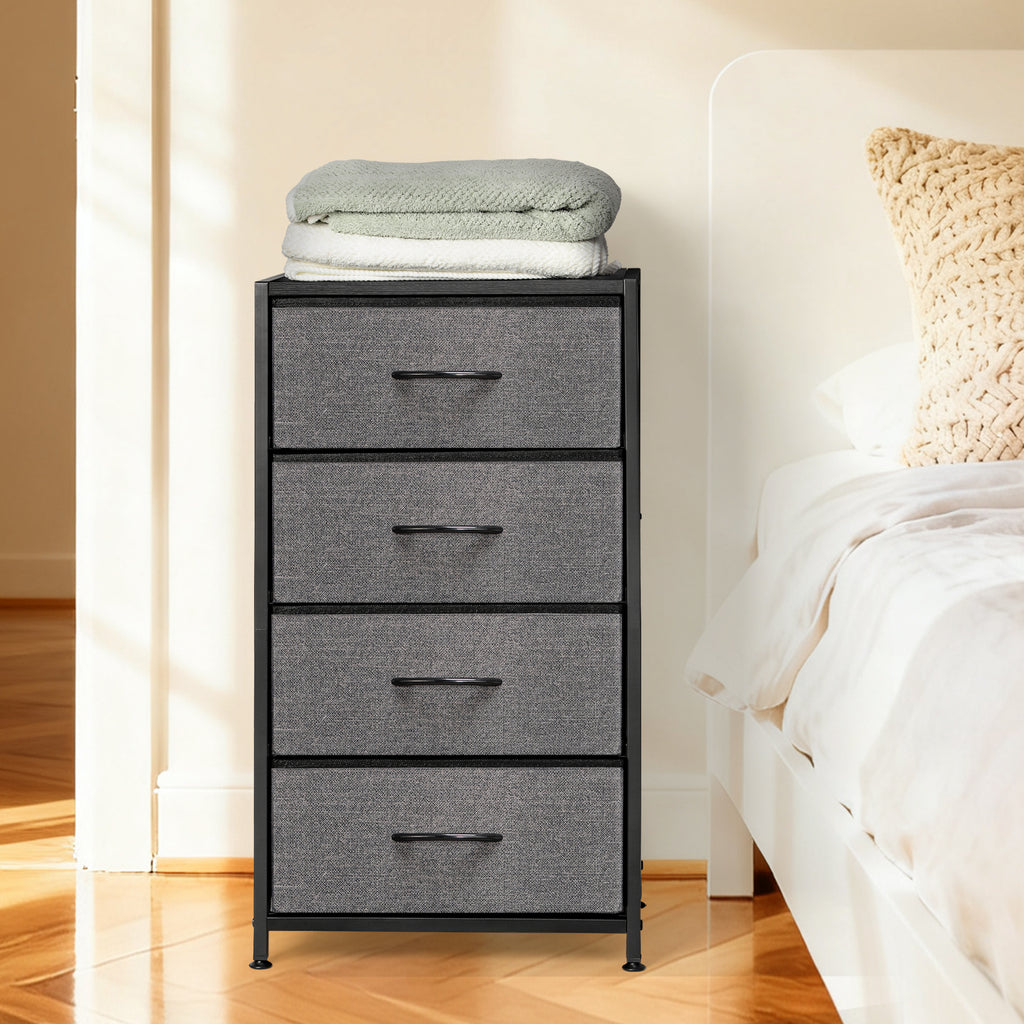 4-Drawer Fabric Dresser Storage Tower - Grey Chest of Drawers with Black Metal Frame