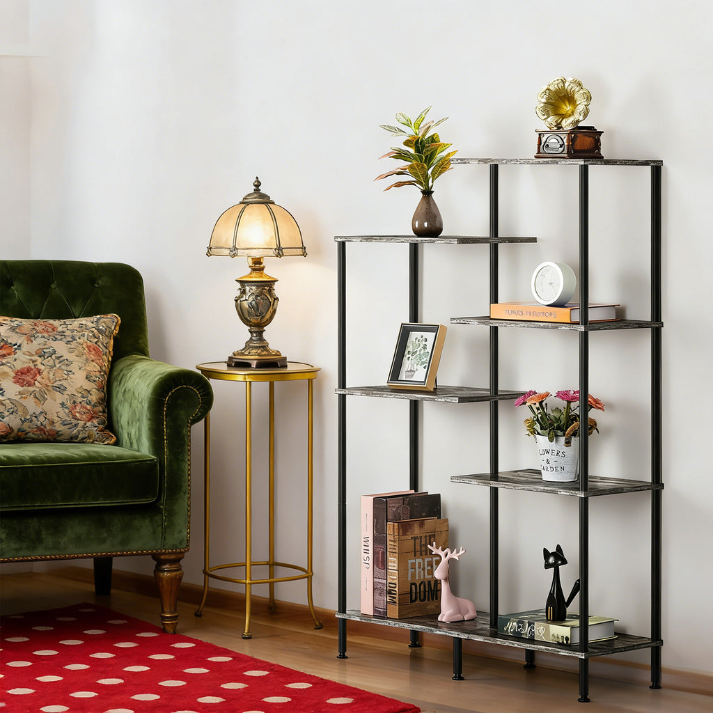 6-Tier Geometric Open Bookshelf - Farmhouse Floor Standing Display Rack & Storage Unit, Grey,