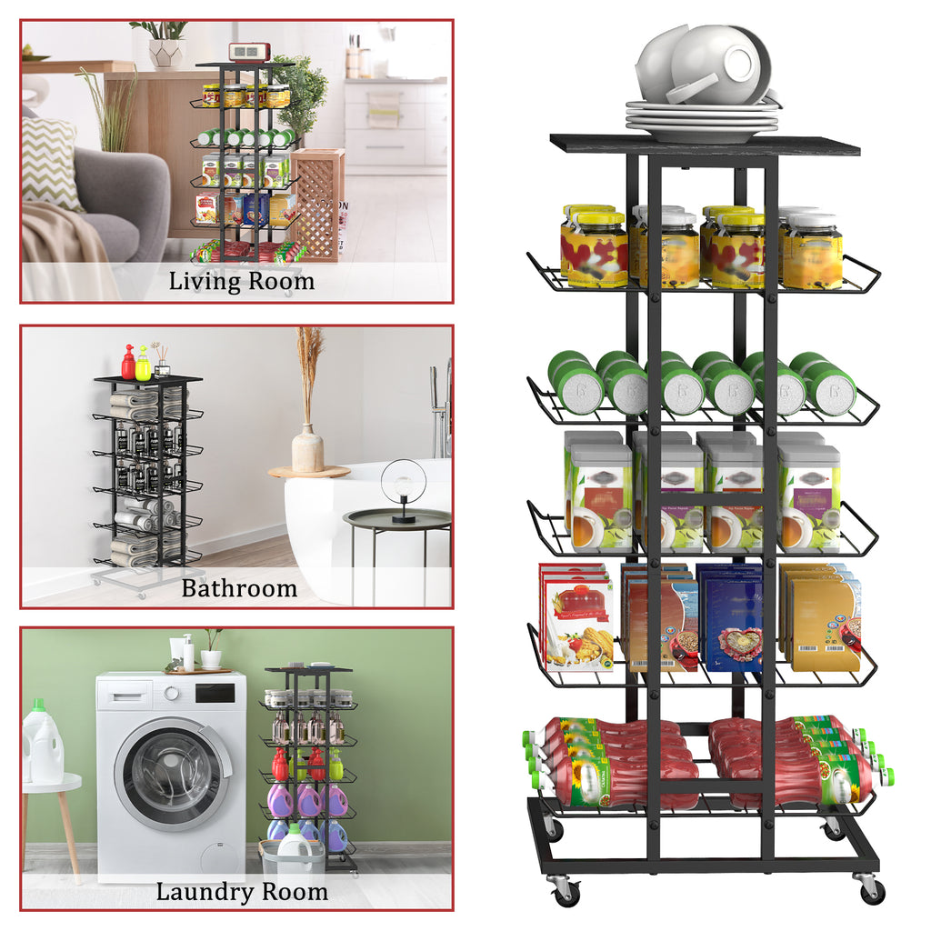 5-Tier Rolling Beverage Storage Rack with Lockable Wheels - Multi-Purpose Kitchen Pantry Organizer & Mobile Can Holder for Soda & Bottled Water