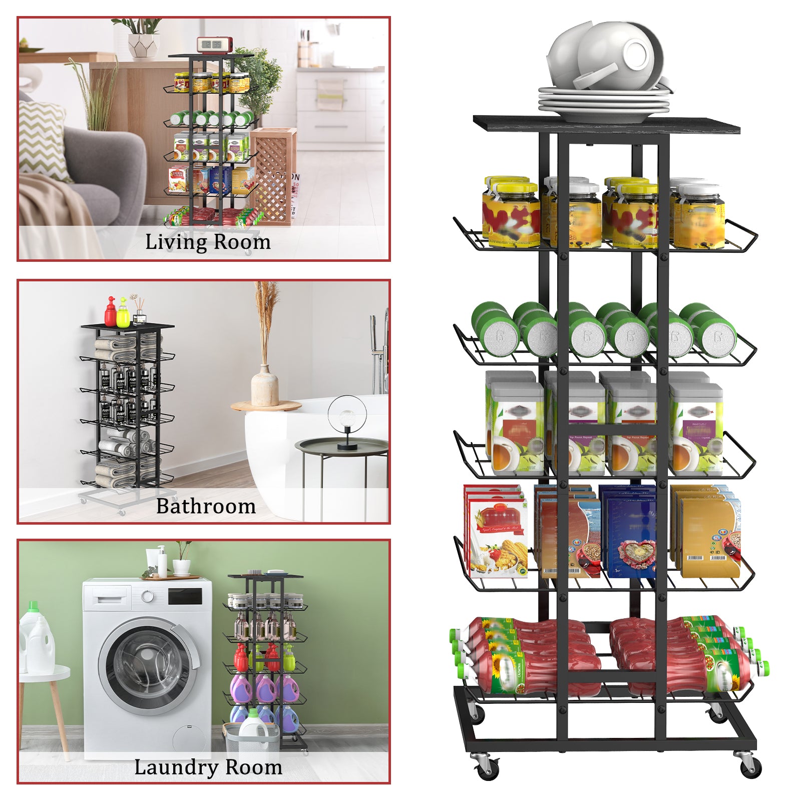 5-Tier Rolling Beverage Storage Rack with Lockable Wheels - Multi-Purpose Kitchen Pantry Organizer & Mobile Can Holder for Soda & Bottled Water