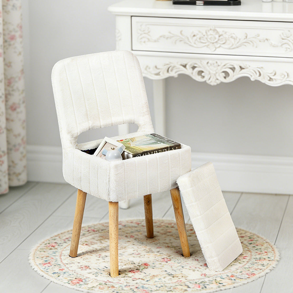 White Faux Rabbit Fur Vanity Chair with Storage & Foldable Cutout Back, Upholstered Makeup Stool with Solid Wood Legs, 330 LBS Capacity Padded Ottoman Seat for Bedroom, Makeup Room, Dressing Table