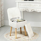 White Faux Rabbit Fur Vanity Chair with Storage & Foldable Cutout Back, Upholstered Makeup Stool with Solid Wood Legs, 330 LBS Capacity Padded Ottoman Seat for Bedroom, Makeup Room, Dressing Table
