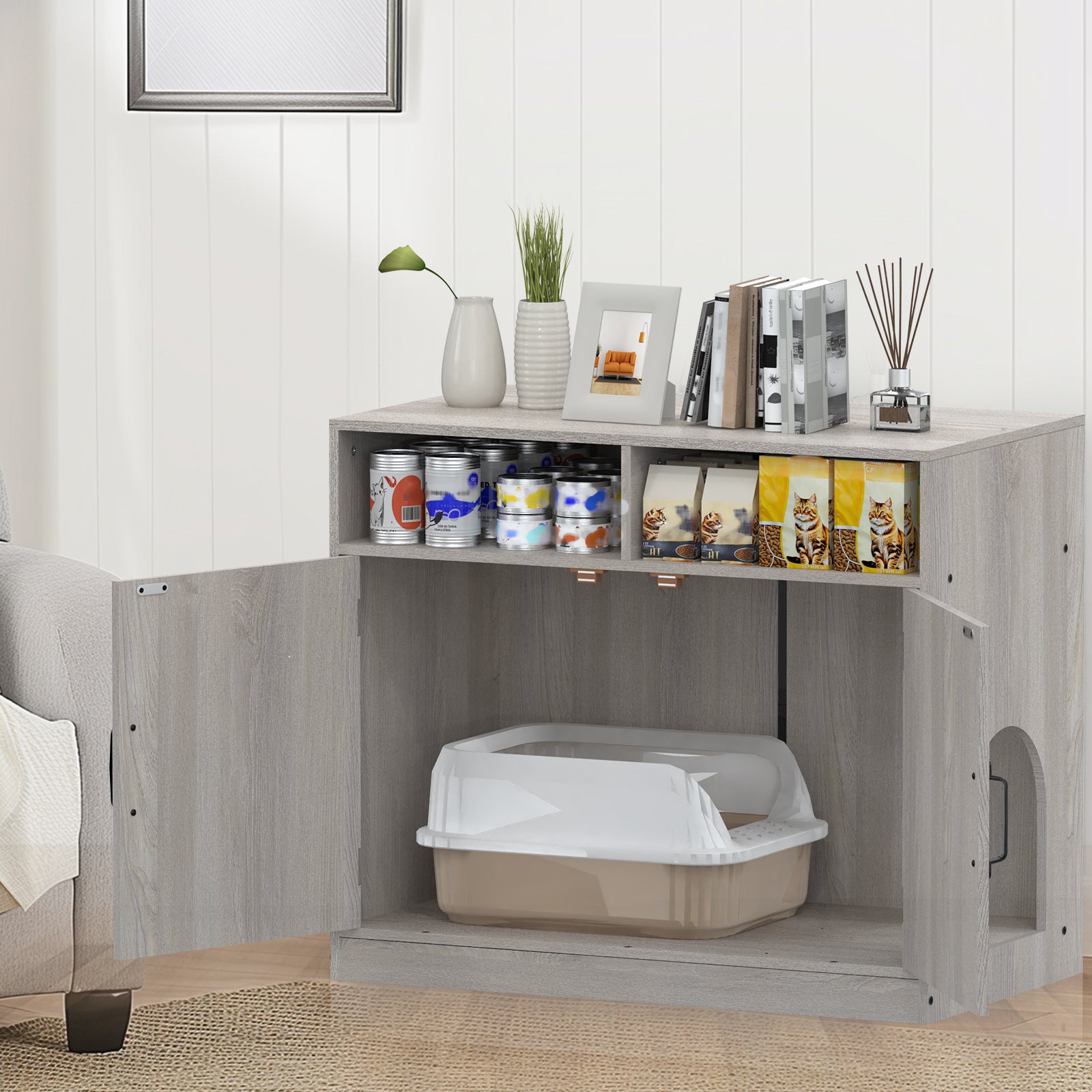 Hidden Cat Litter Box Enclosure Furniture - Modern Grey Pet House with Removable Divider & Storage Shelves