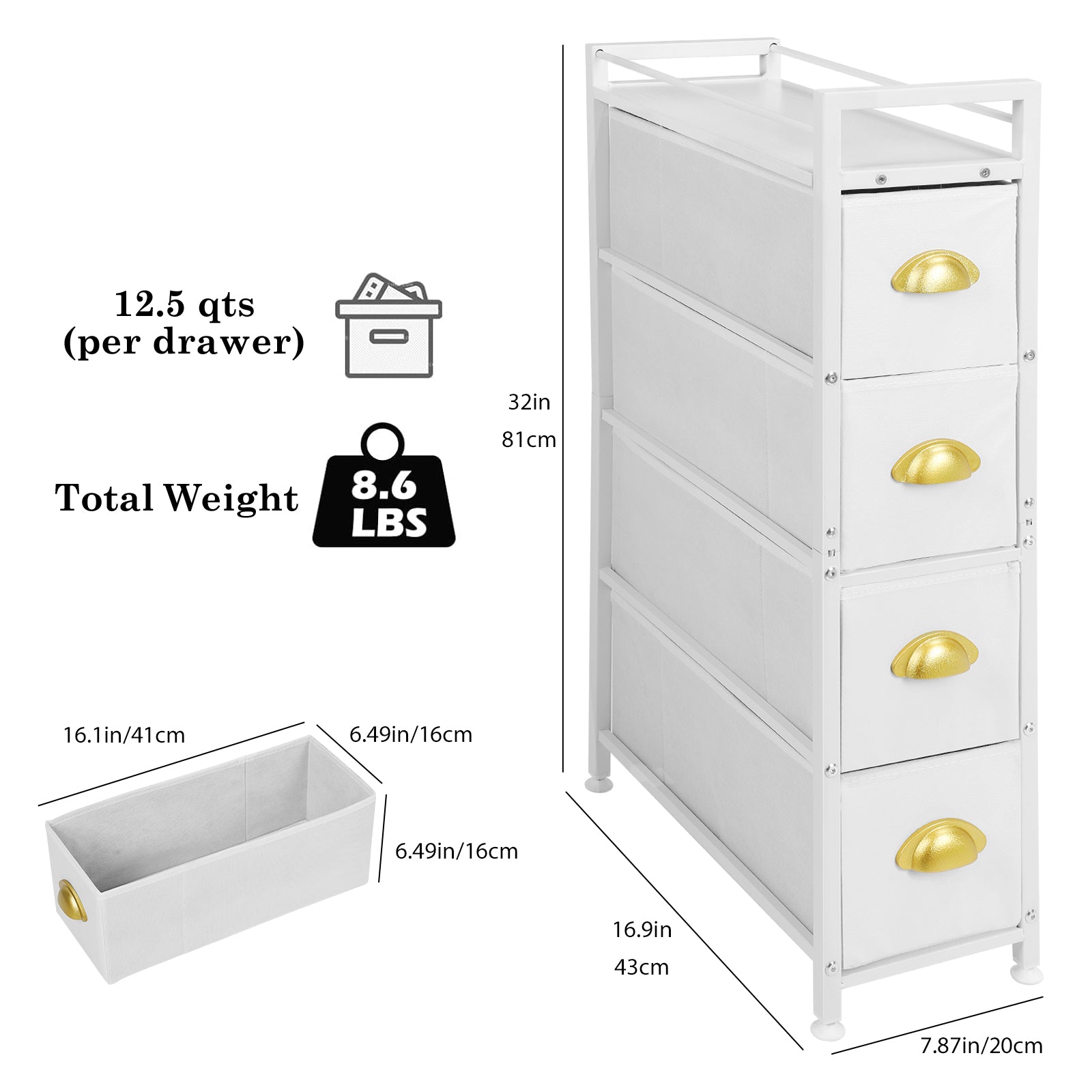 Narrow 4-Drawer White Fabric Cabinet - Slim Gaps Storage Tower for Laundry & Entryway