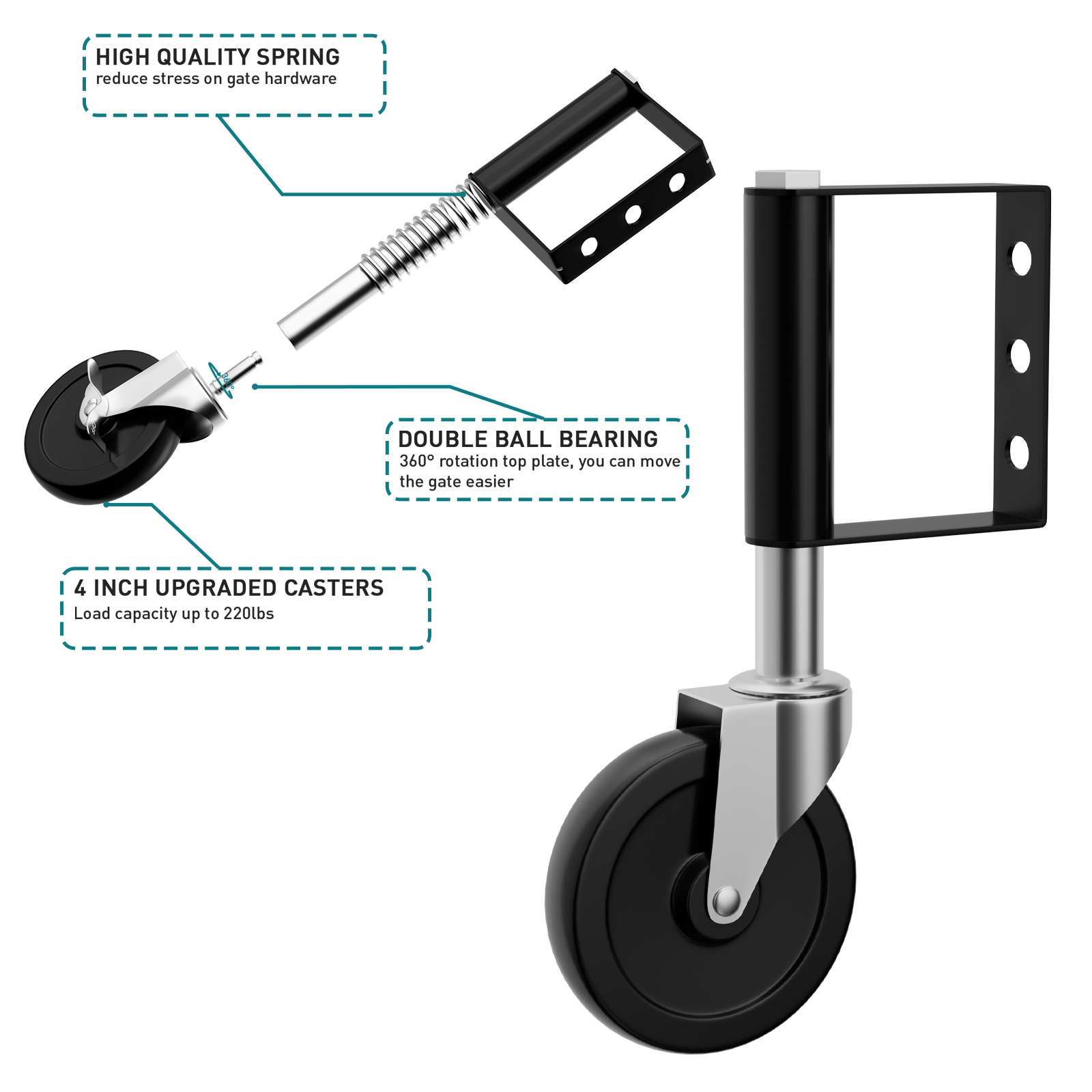 2-Pack 4-Inch Spring Loaded Gate Casters, Heavy Duty Gate Wheels with 220 Lbs Capacity for Metal and Wood Gates,