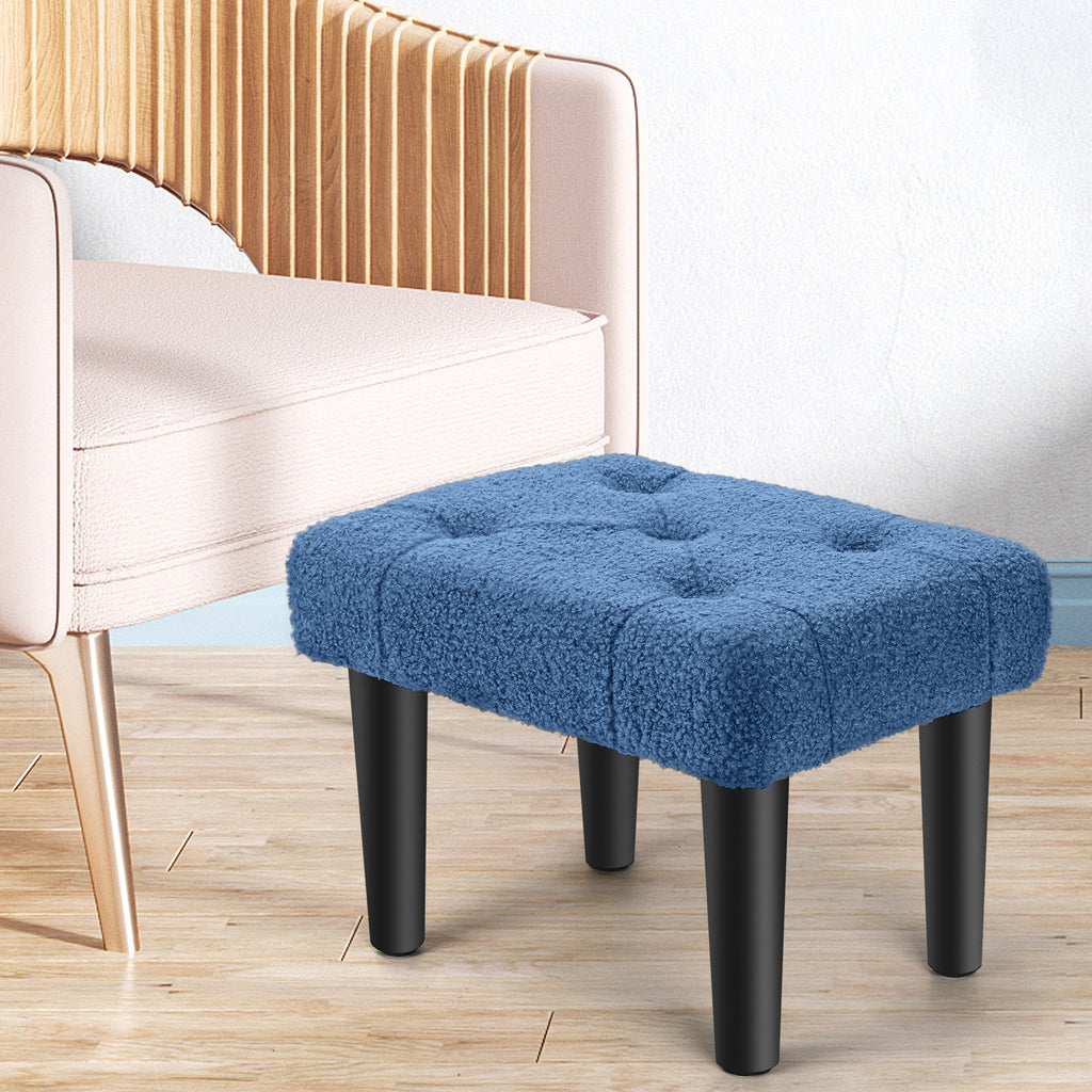 Small Teddy Velvet Foot Stool with Wood Legs, Tufted Rectangle Ottoman Foot Rest, Soft Padded Mini Footstool for Under Desk, Bedroom, Living Room, Sofa Side, Entryway, Dark Blue