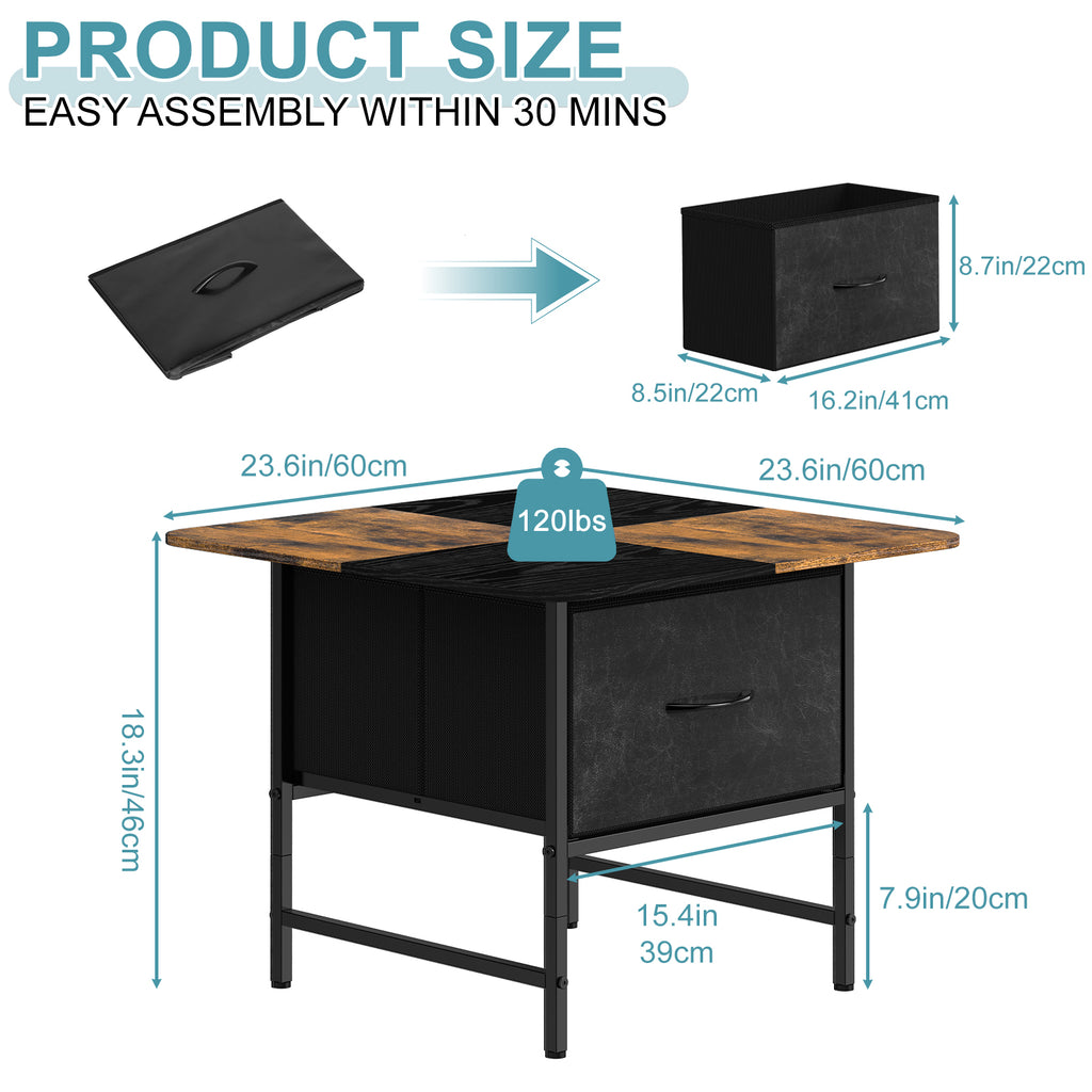 24" Square Industrial Coffee Table - Rustic End Table with 2 Storage Drawers for Small Living Rooms,